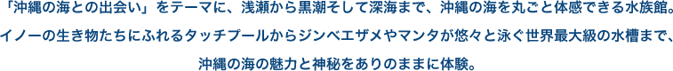 >「沖縄の海との出会い」をテーマに、浅瀬から黒潮そして深海まで、沖縄の海を丸ごと体感できる水族館。イノーの生き物たちにふれるタッチプールからジンベエザメやマンタが悠々と泳ぐ世界最大級の水槽まで、沖縄の海の魅力と神秘をありのままに体験。